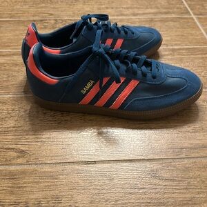 Adidas blue suede with pink 3 stripes size 11